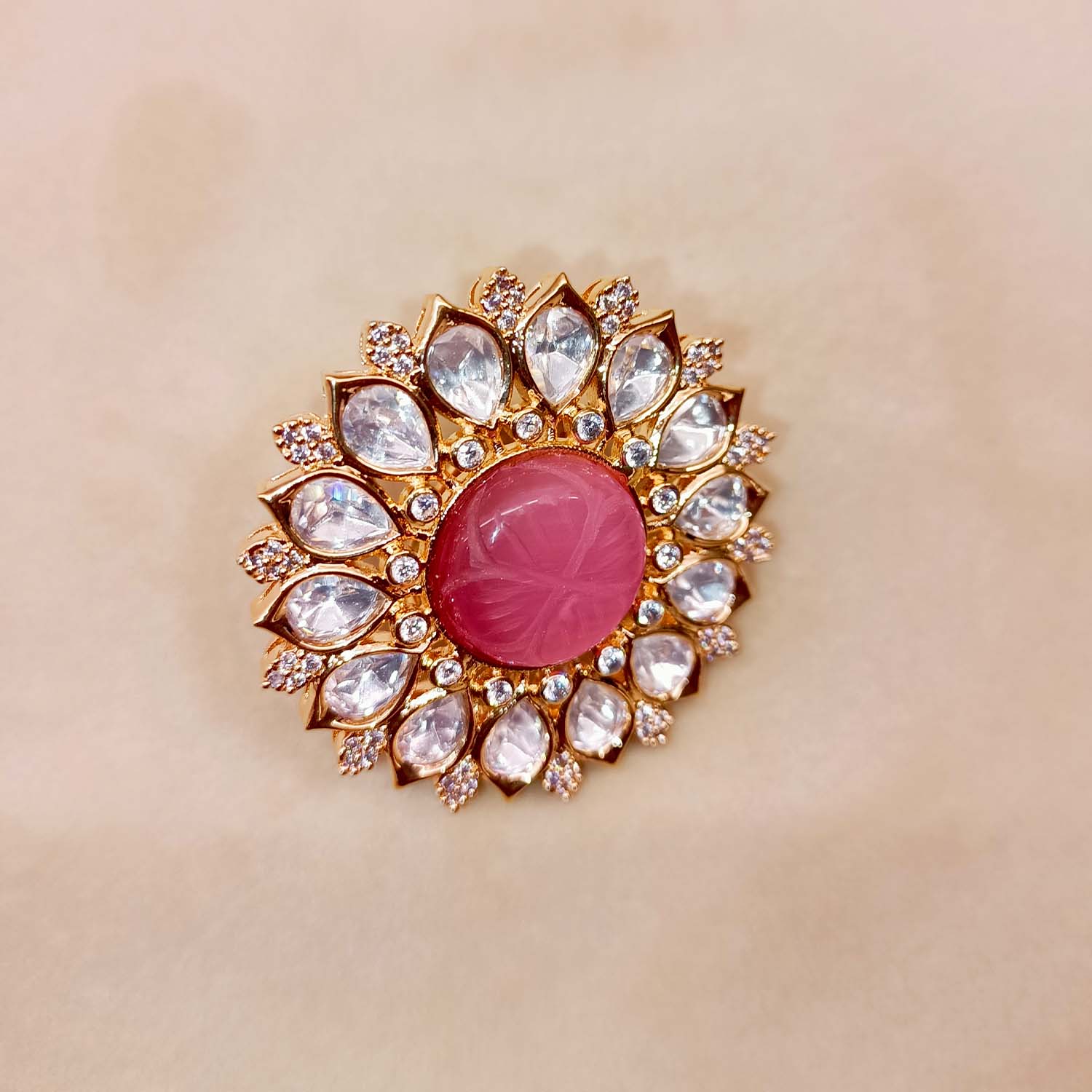 Binita Pink Stone Gold Plated Kundan Ring - qivii