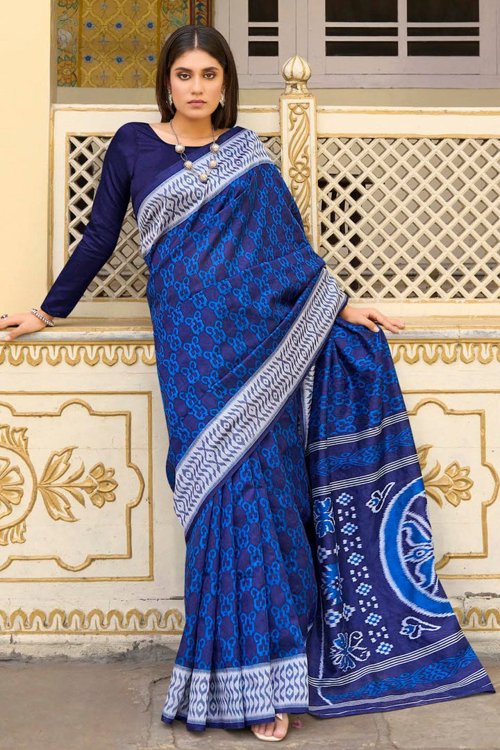 Biscay Blue Handblock Printed Saree