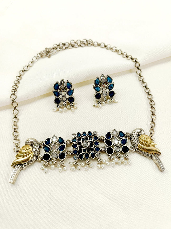 Graciya Navy Blue Peacock Oxidized Choker Set