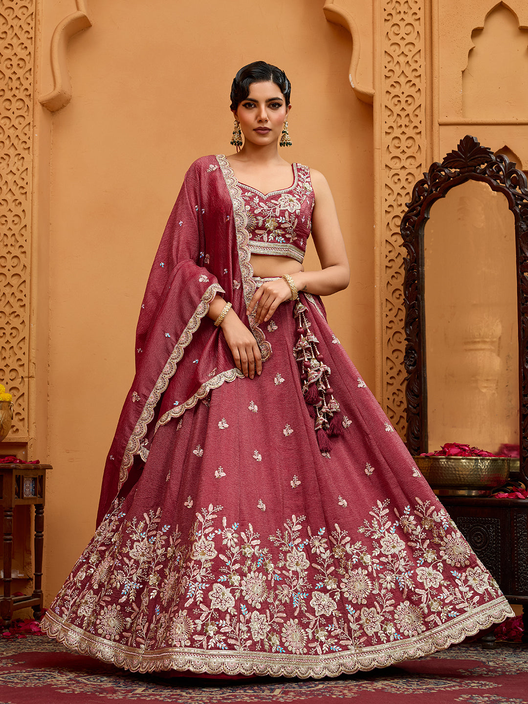 Rosegold- Tissue Fabric Sequins embroidery Semi-Stitched Lehenga & Unstitched Blouse With Dupatta - qivii
