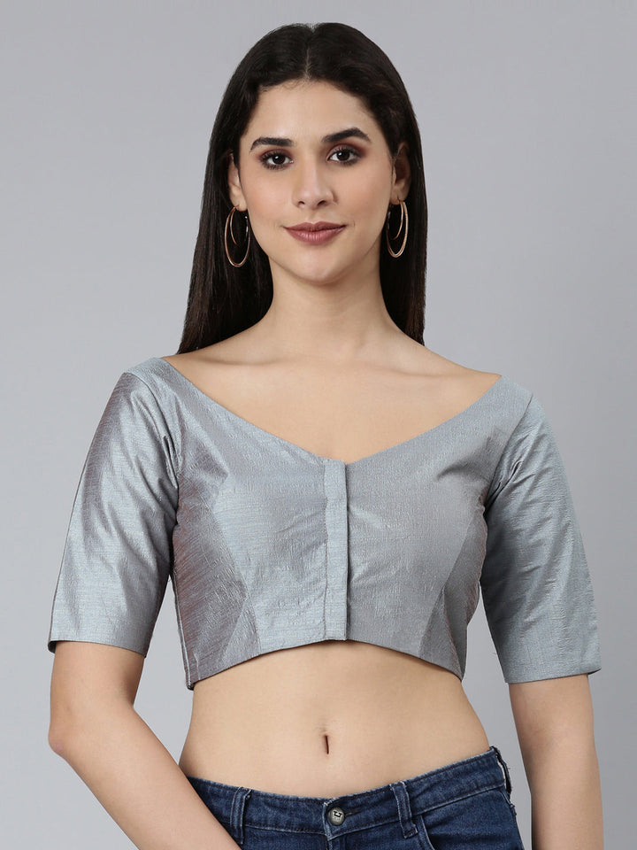 Grey-Toned Pure Silk Plain Readymade Blouse