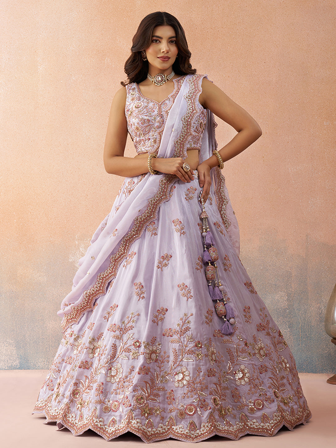 Lavender Tissue Sequins Embroidered Semi-Stitched Lehenga set