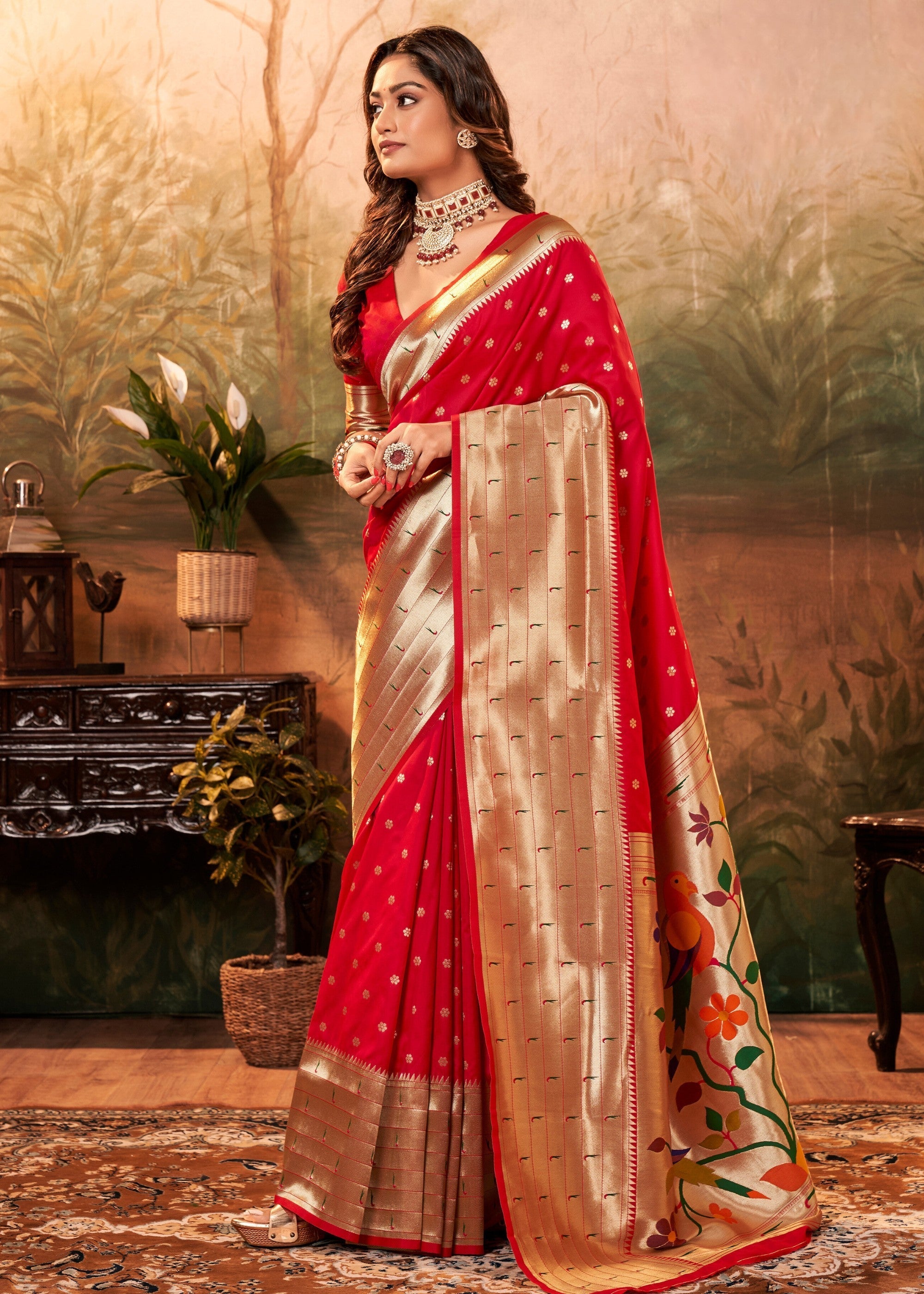 Scarlet Red Paithani Silk Saree With Zari Weaving - qivii