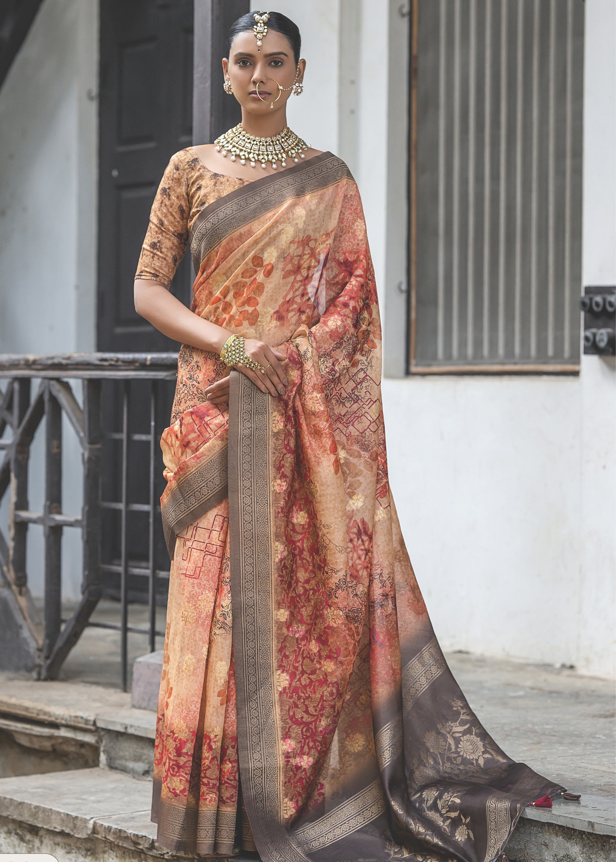 Orange and Grey Woven Silk Saree - qivii