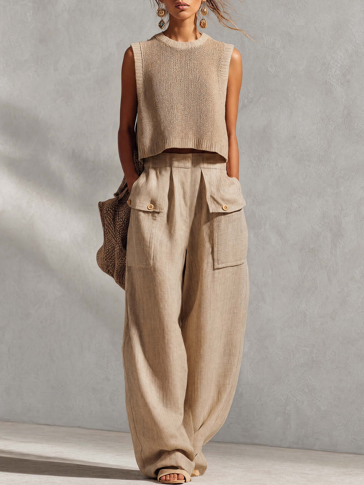 Casual Breathable Urban Style Beige Knitted Top And Cotton Pants Set  - By Qivii