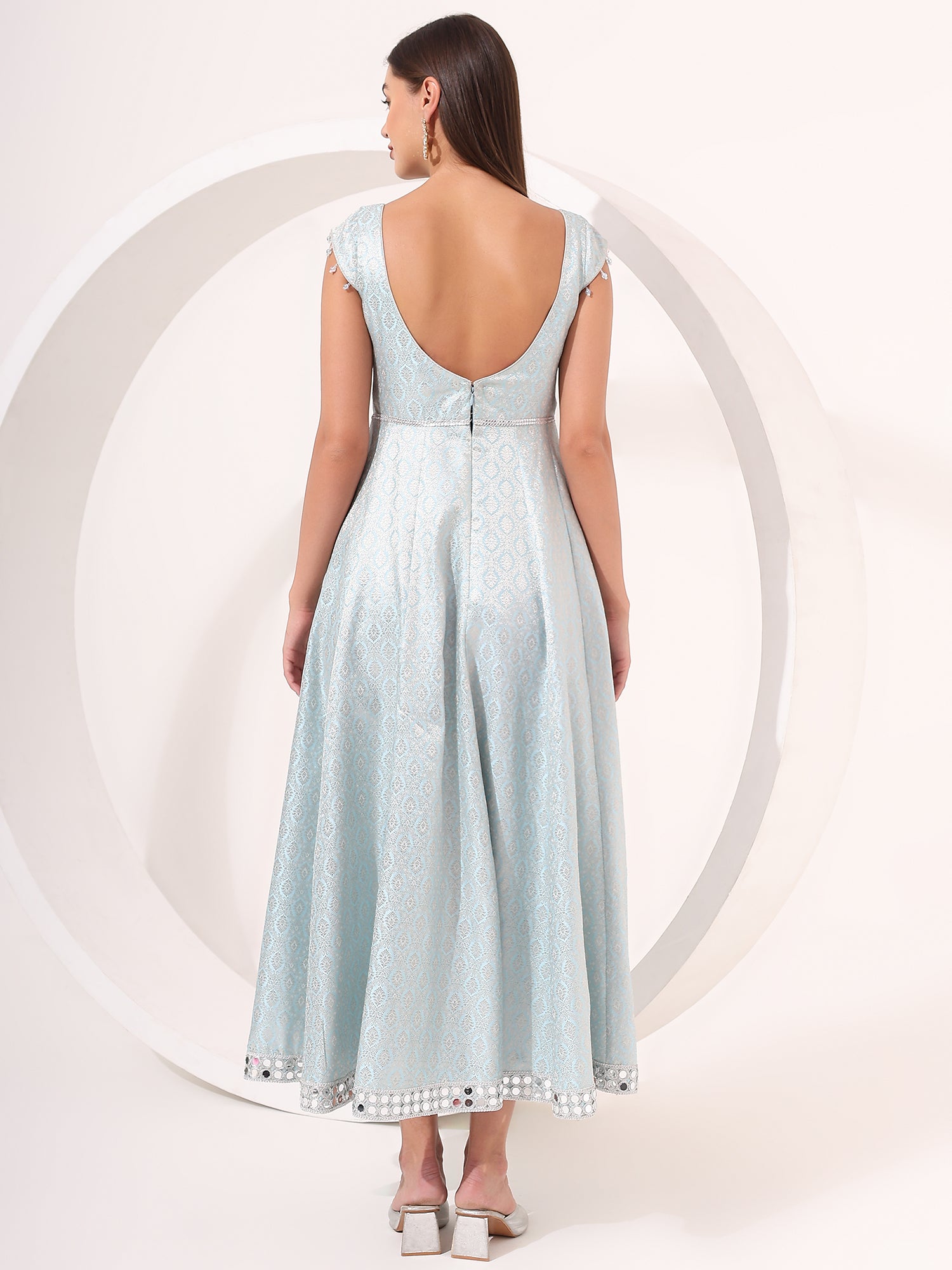 Ice-Blue Silver Brocade Anarkali Gown - qivii