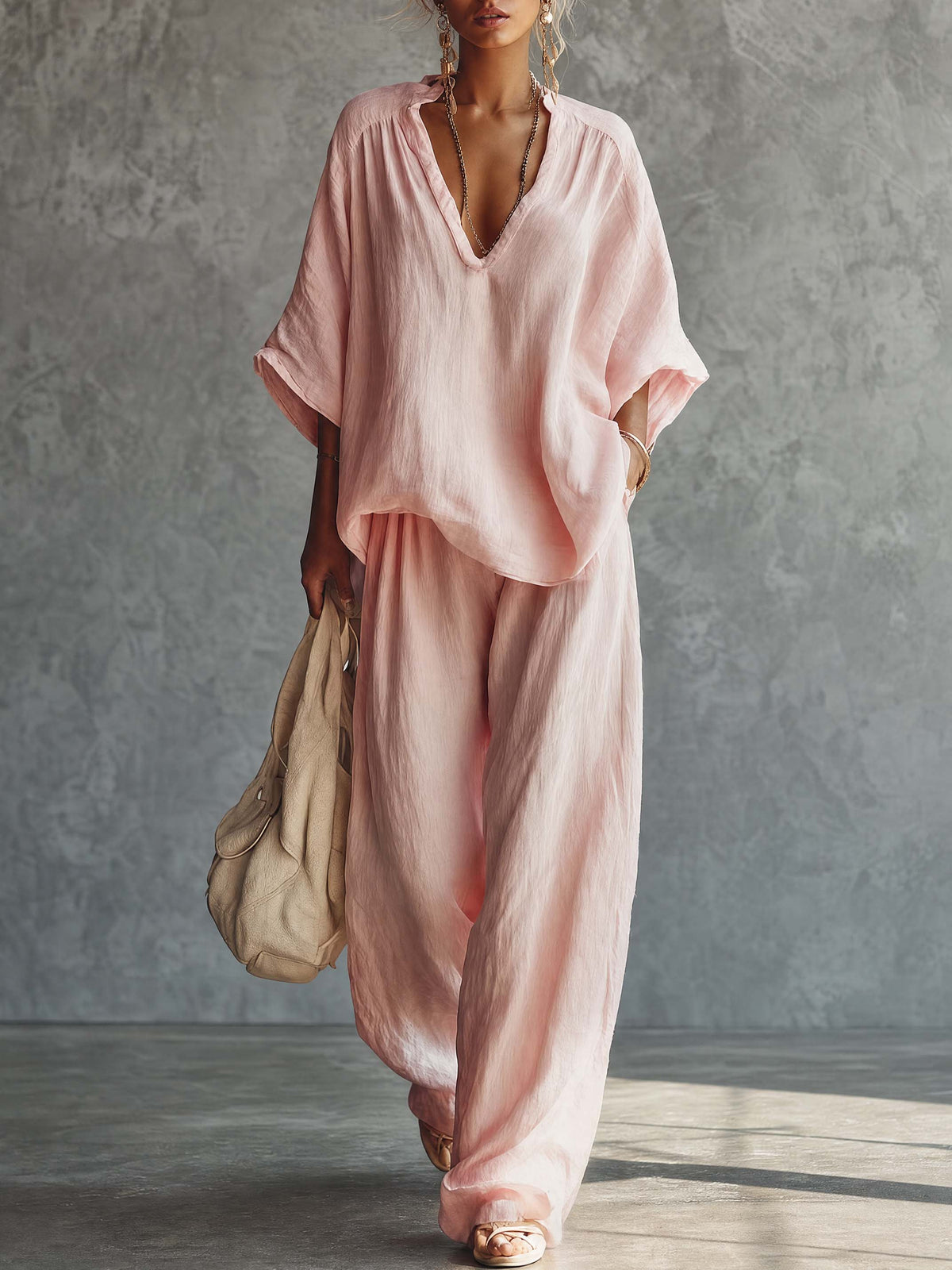 Casual Urban Bohemian Style V-neck Pink Cotton Blouse And Pants Set  - By Qivii