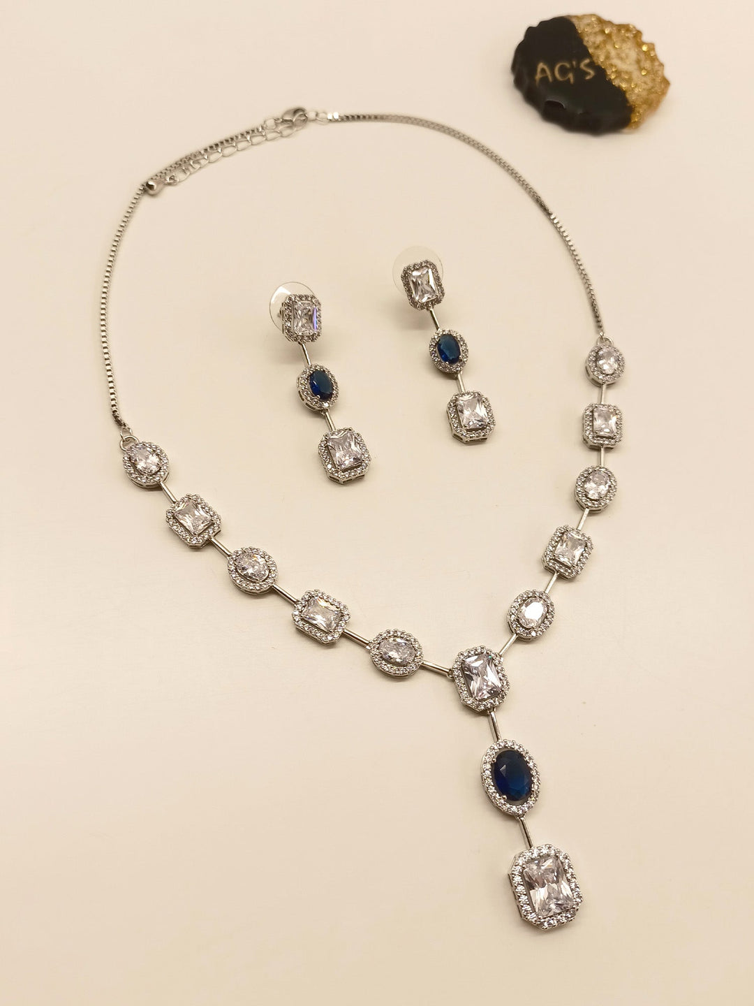 Hirsa Blue Sapphire American Diamond Necklace Set