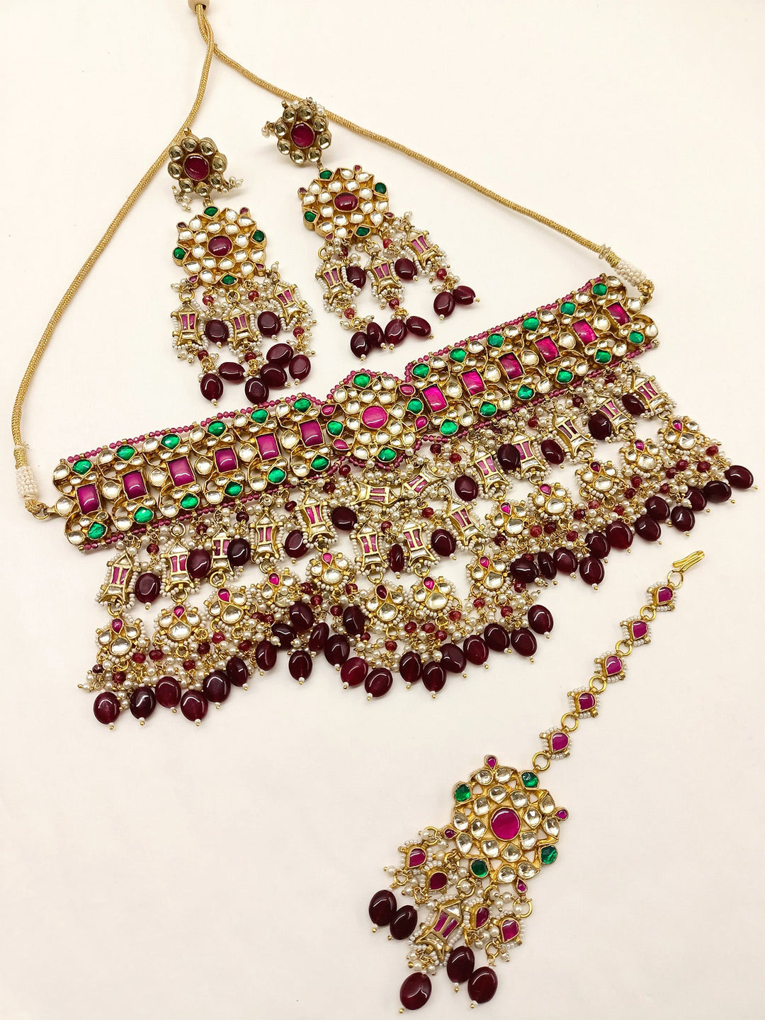 Saksham Maroon & Green Kundan Choker Set