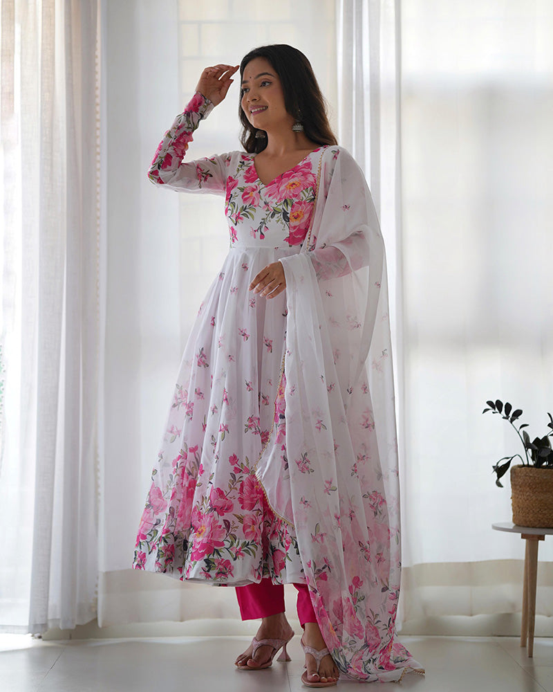 New Design White Organza Silk Floral Print Three Piece Anarkali Suit  - By Qivii