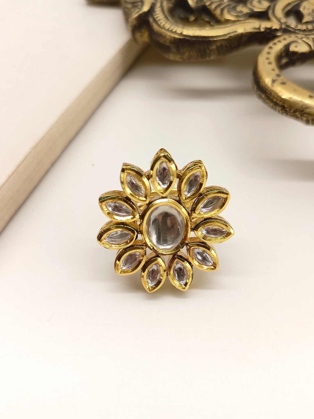 Sanmati White Kundan Finger Ring with Intricate Floral Design and Pearl Accents