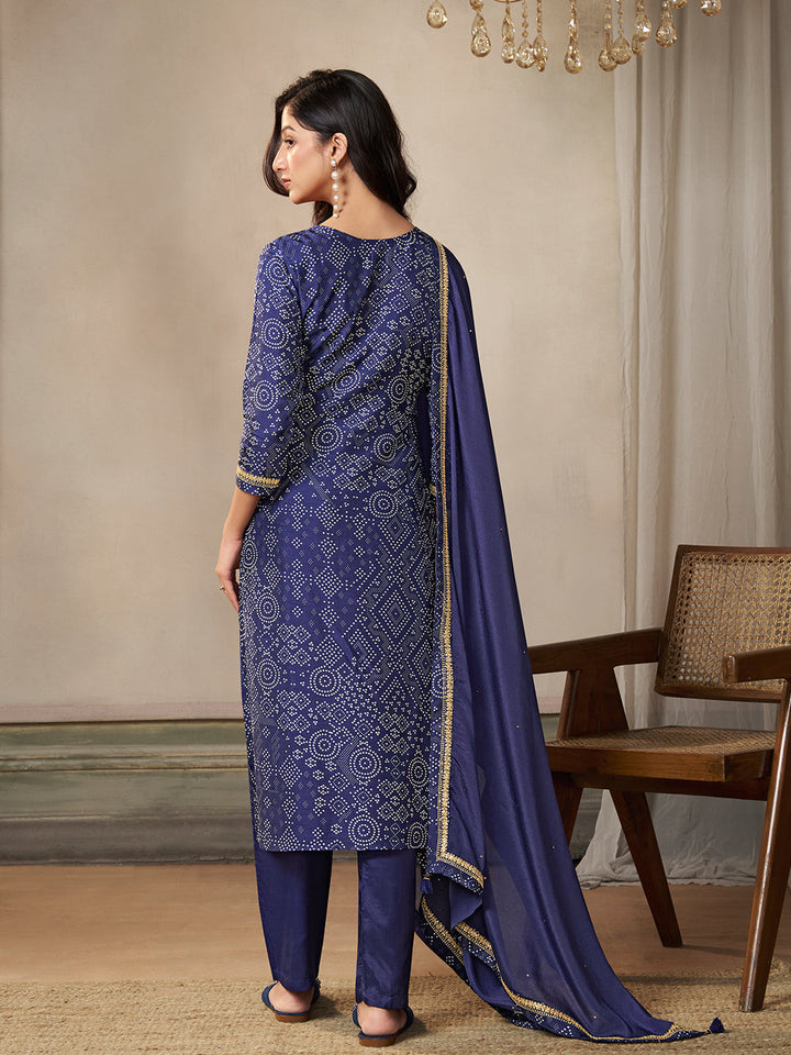 Blue Dola Bandhni Printed with Embroidery Kurta Suit Set