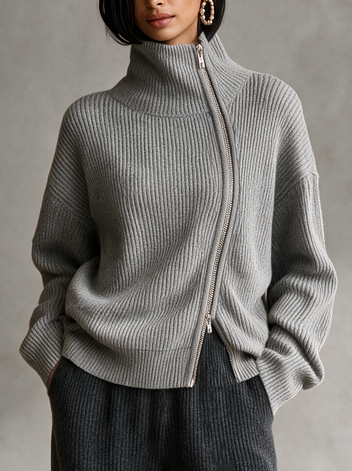 Women's Grey Diagonal‑Zip Funnel Neck Knit Sweater MDZ0365I7R