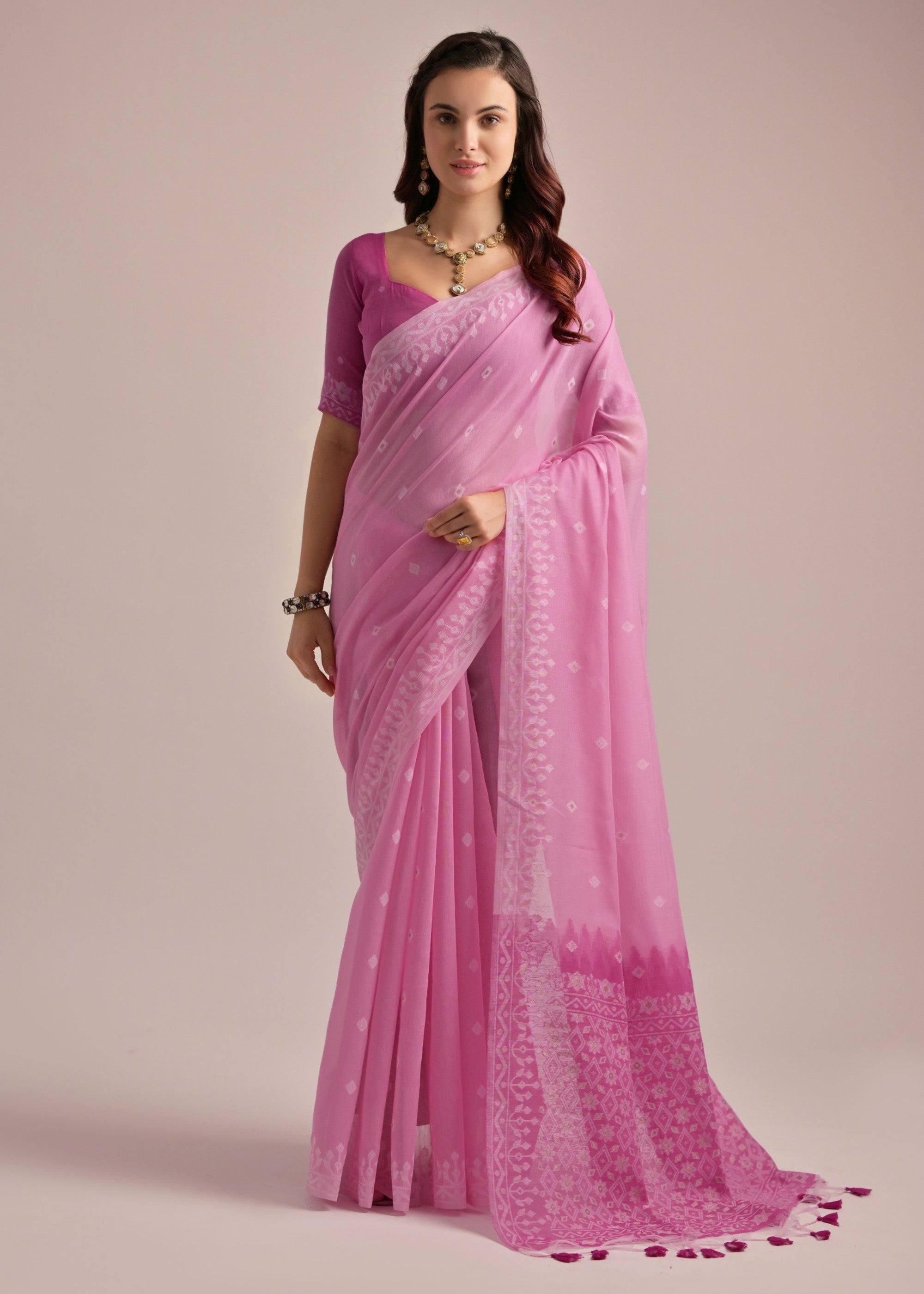 Pink Thread Butti Lakhnawi Weaves Muga Cotton Saree With Contrast Pallu - qivii