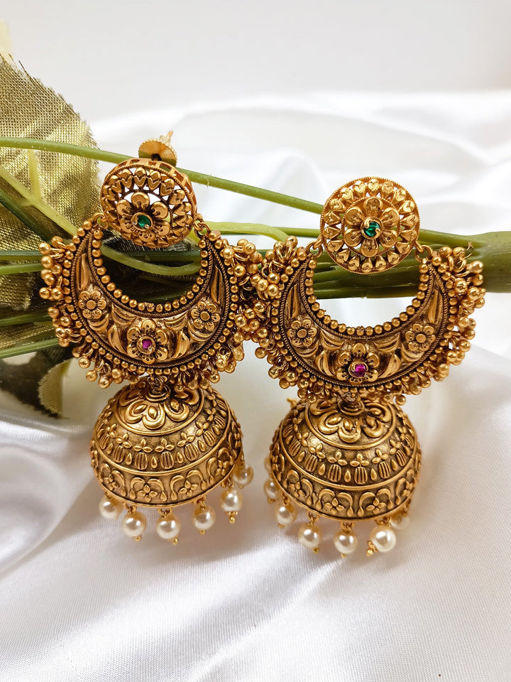 Preksha Temple Jhumka With Pearl Hangings