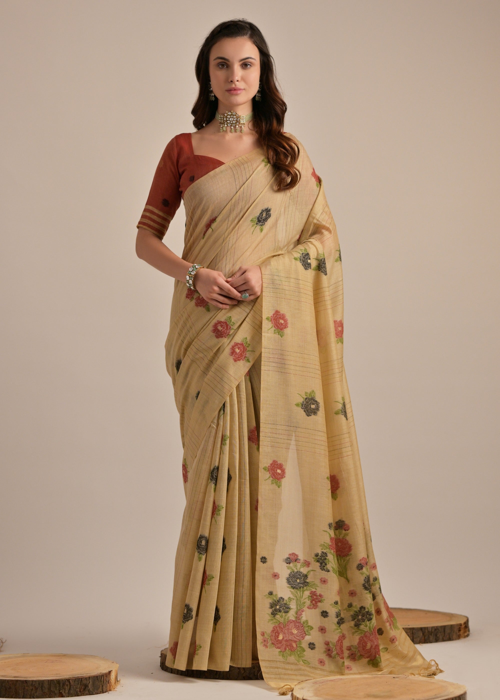 Pale Brown Thread Woven Cotton Saree With Contrast Blouse - qivii