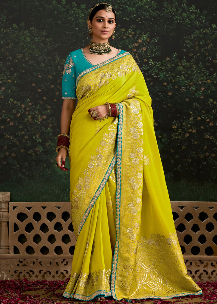 Lime-Yellow and Turquoise Viscose silk Saree with Zari work