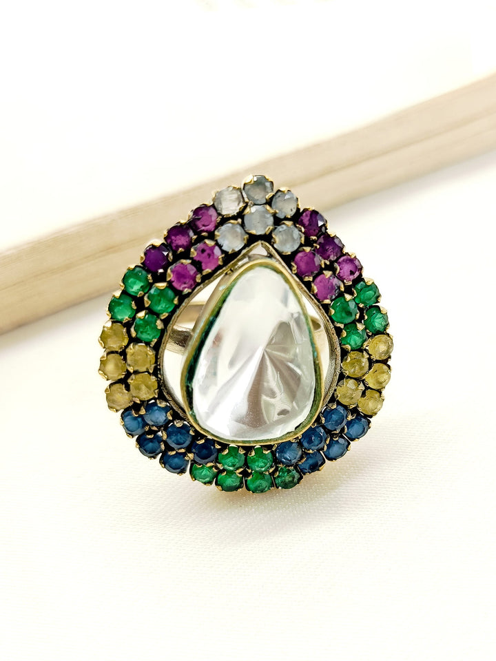 Warthi Multi Colour Victorian Finger Ring with intricate floral design and vibrant gemstones 