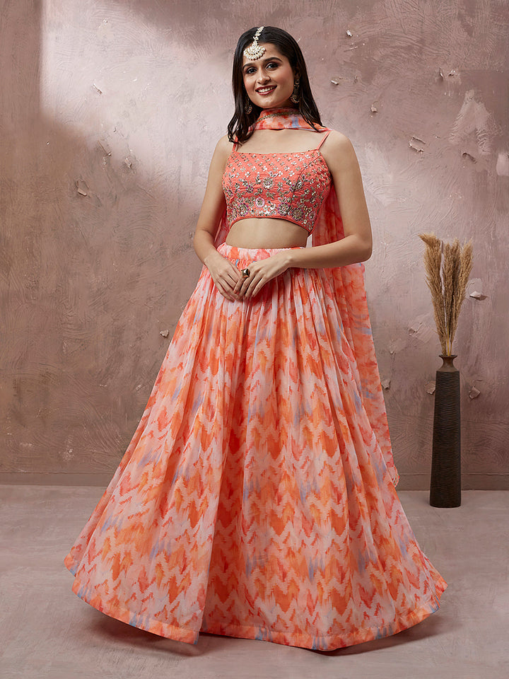 Peach Organza Floral Printed Stitched Lehenga choli