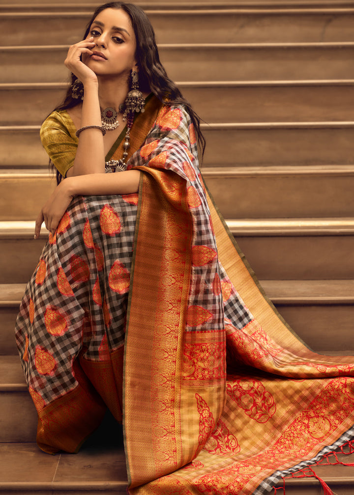 Exquisite Black and Red Woven Banarasi Organza Silk Saree with intricate detailing