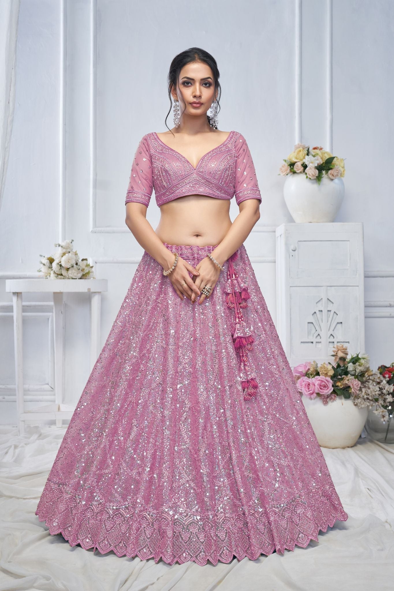 Alluring Purple Sequins Net Bridesmaid Lehenga Choli With Dupatta - qivii