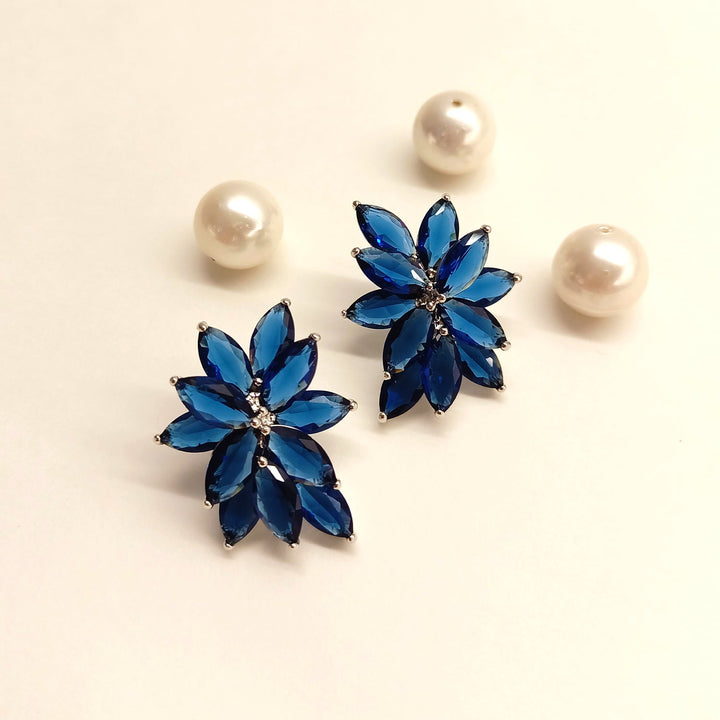 Payal Blue Sapphire Floral American Diamond Silver Plated Earrings