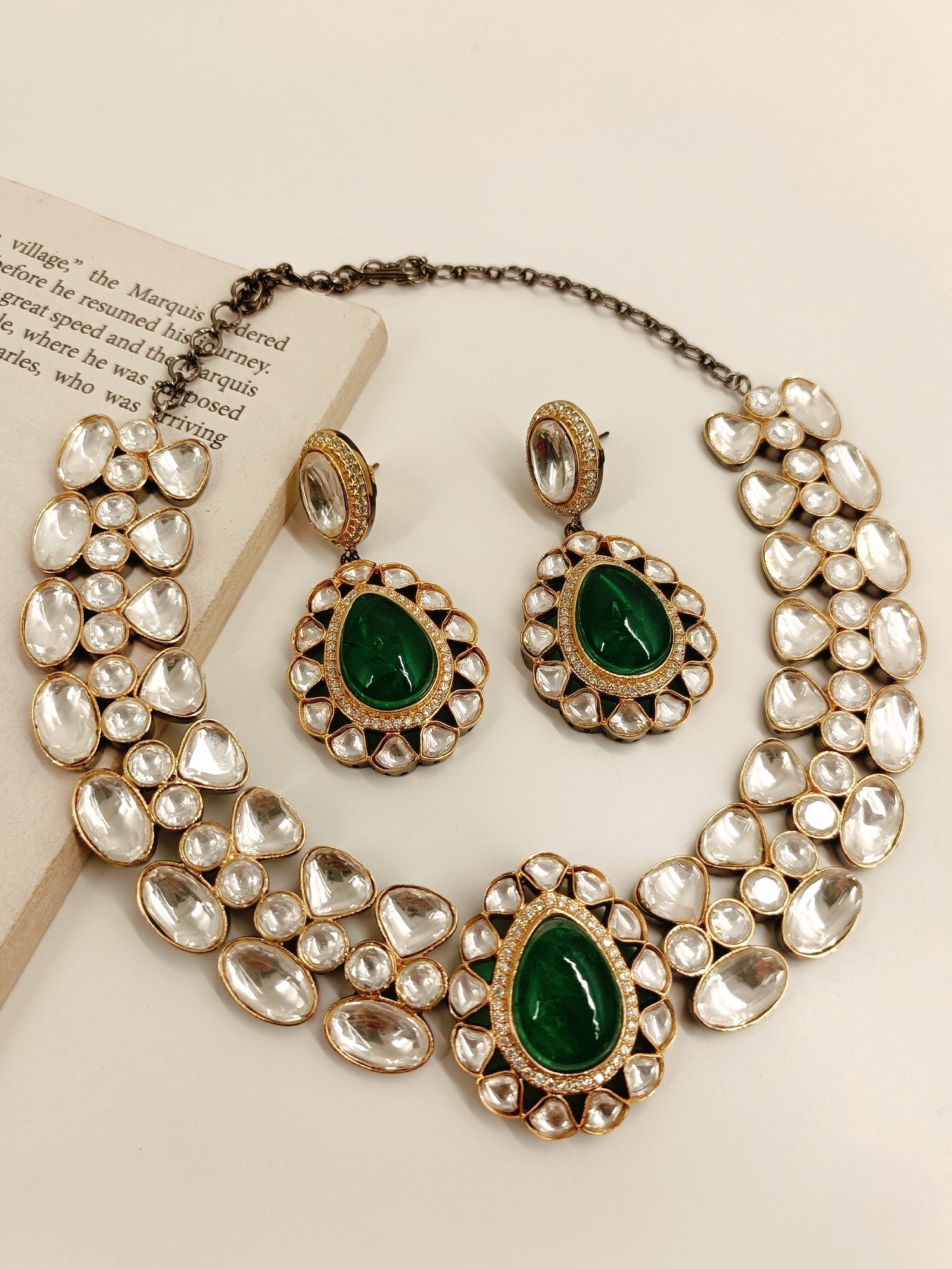 Saiya Green Victorian Necklace Set with Rhodium Plated Brass Metal and American Diamond Setting