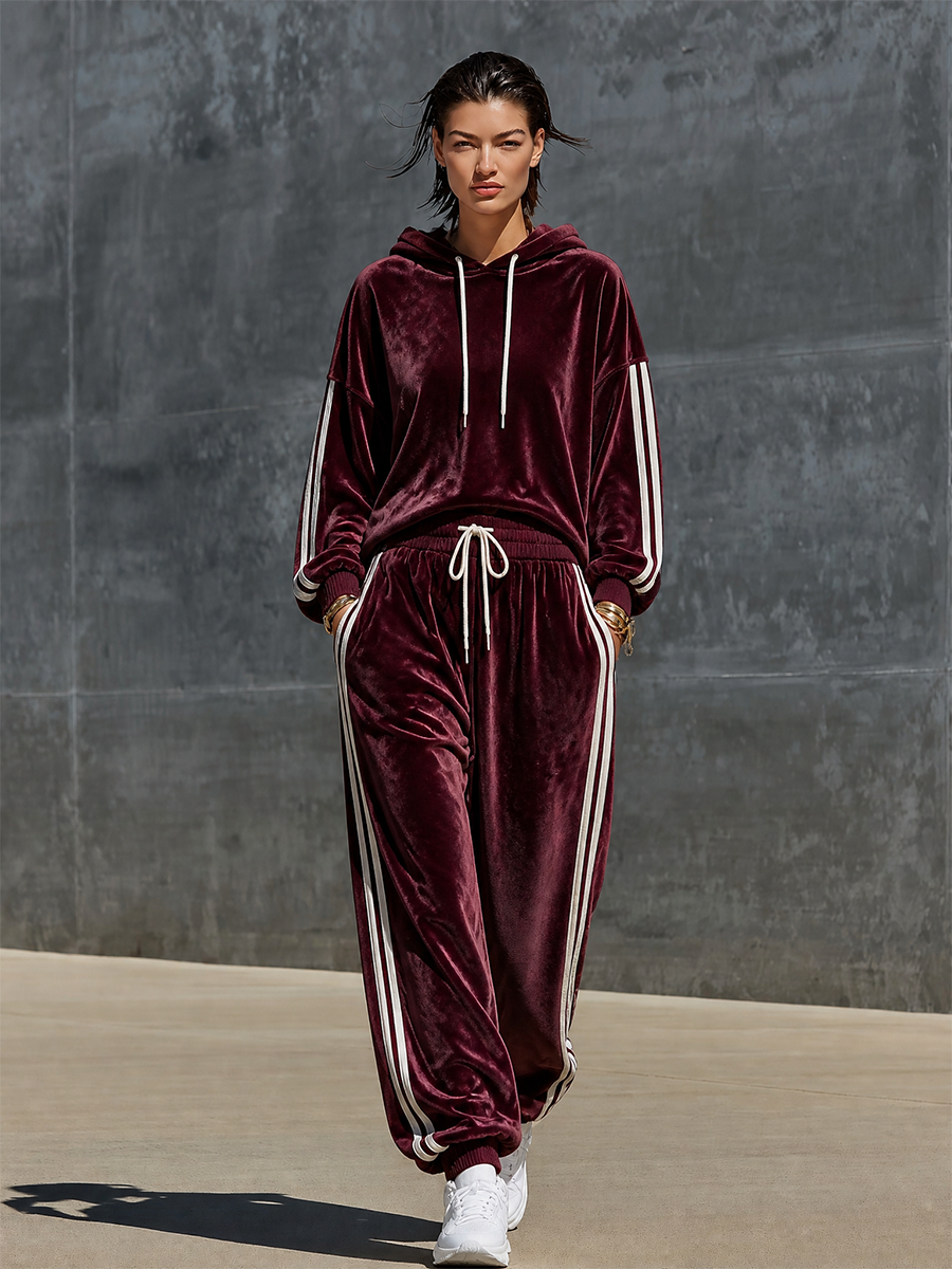 Women's Velvet Hoodie & Jogger Pants Set with Side Stripes
