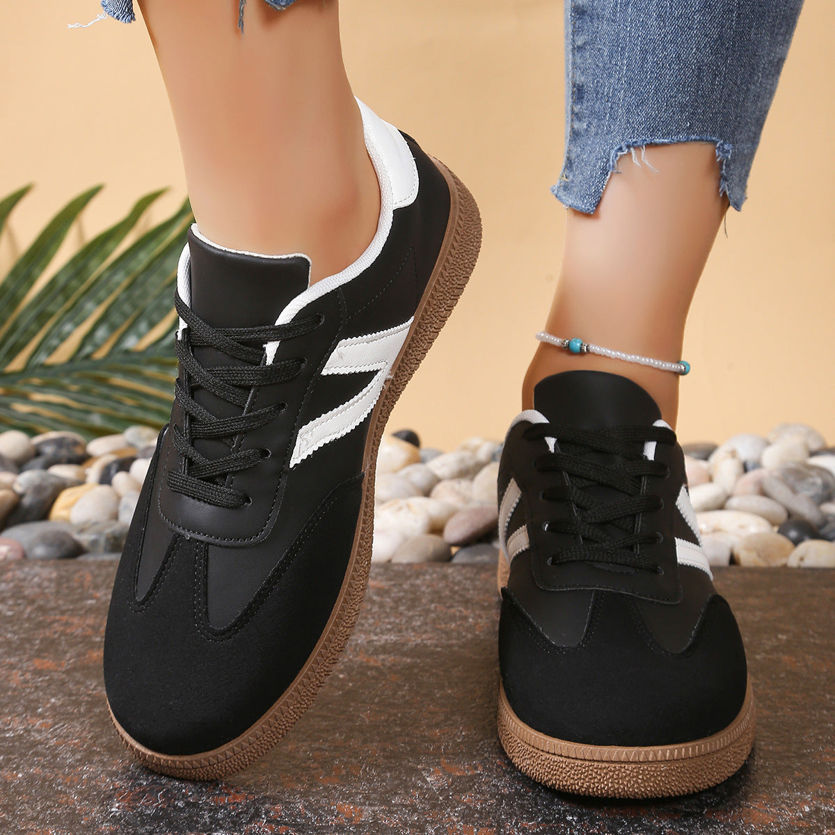 Women’s Everyday Court Color-Block Trainer Sneakers – Soft-Sole Flat Shoes (US 5–10)