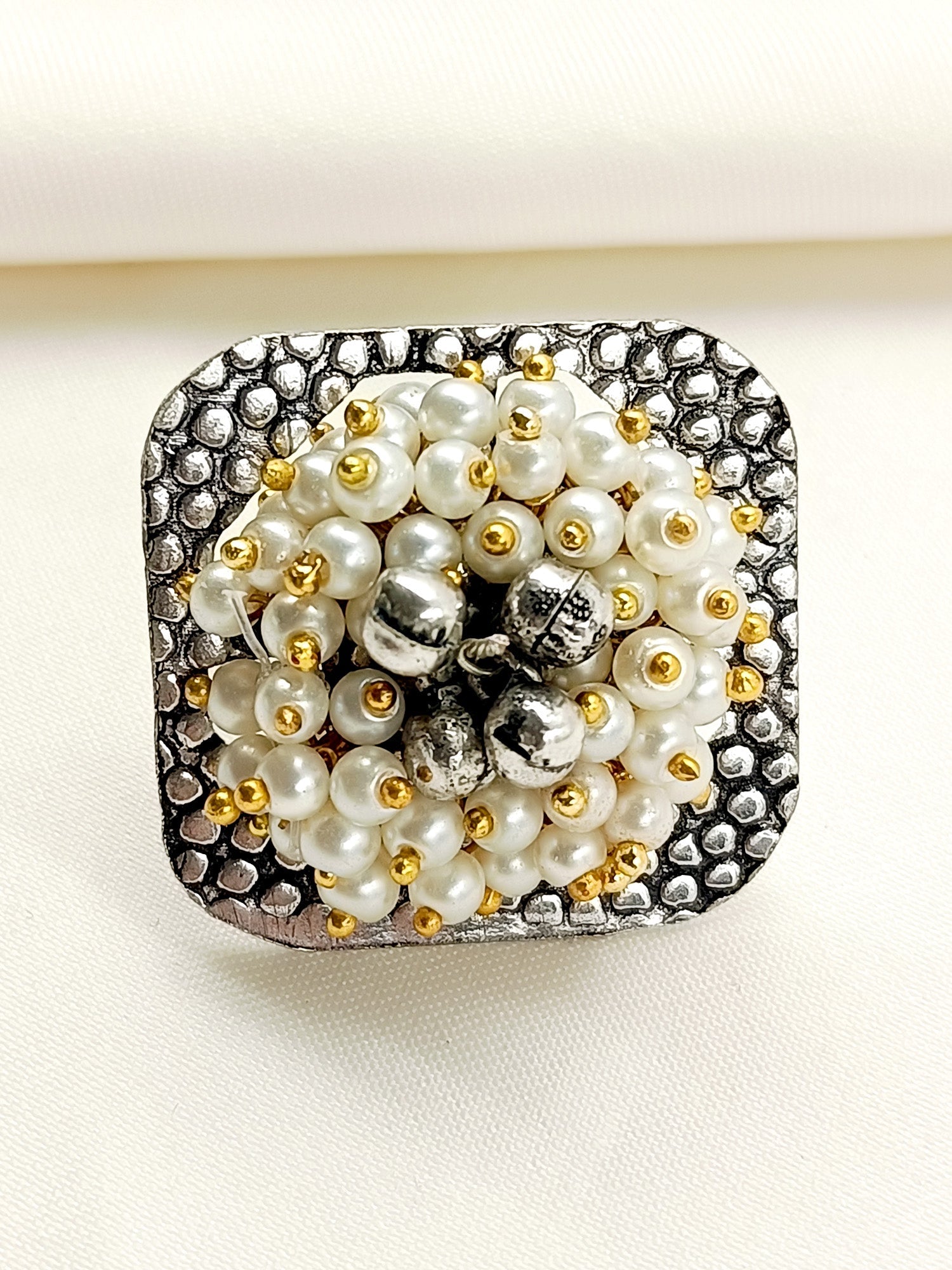 Edha White Pearl Oxidized Finger Ring