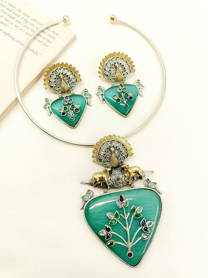 Emelia Mint Green German Silver Oxidized Hasli Style Necklace Set