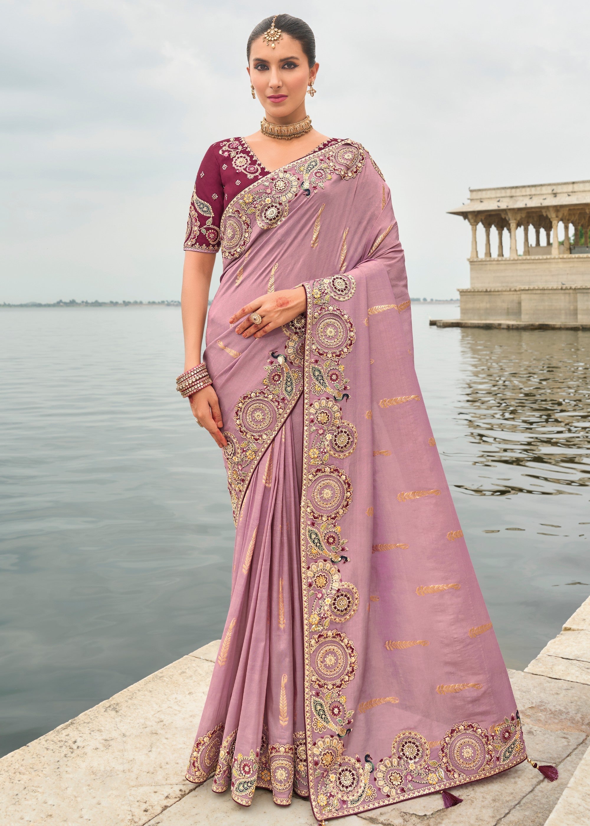 Lilac Purple Viscose Tissue Silk Saree With Embroidery Cut Work Border And Sequence Work - qivii