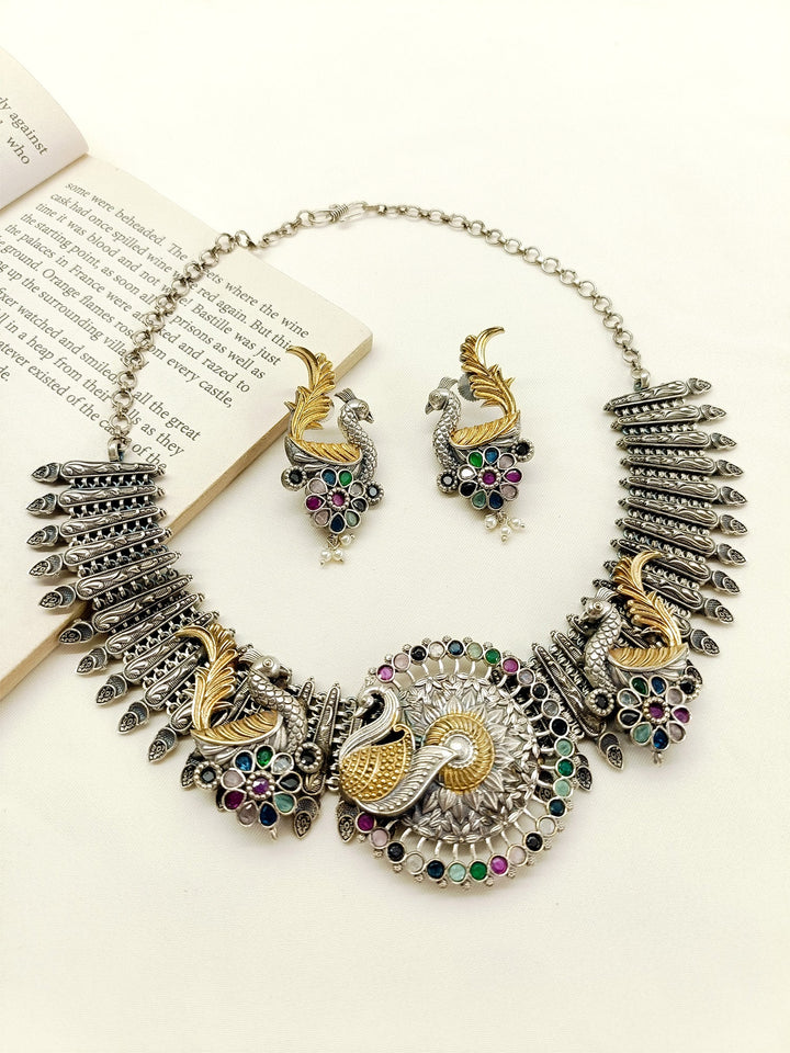 Disuza Multi Colour Peacock Oxidized Necklace Set