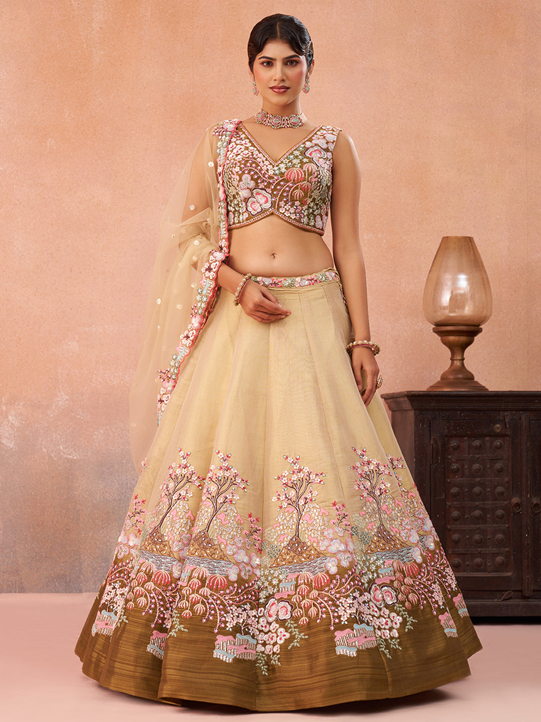 Olive Sequins Embroidered Ombre Olive Semi-Stitched Lehenga Set