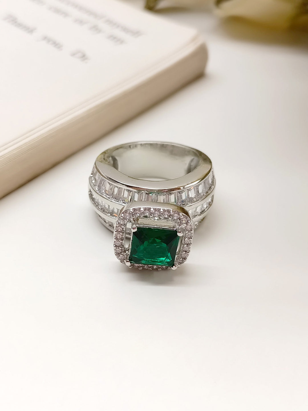  Beautiful handcrafted Zafeerah Green American Diamond Finger Ring with shiny green gemstone and sparkling diamonds