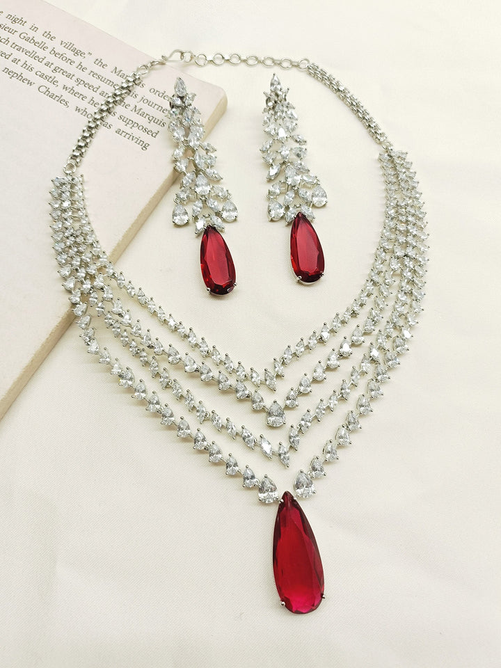 Tejshavi Maroon American Diamond Necklace Set