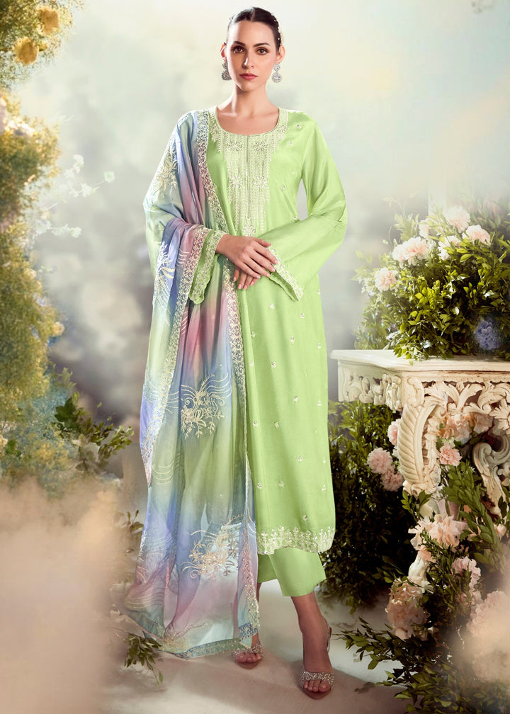 Pastel Green Modale Silk Salwar Suit With Embroidery