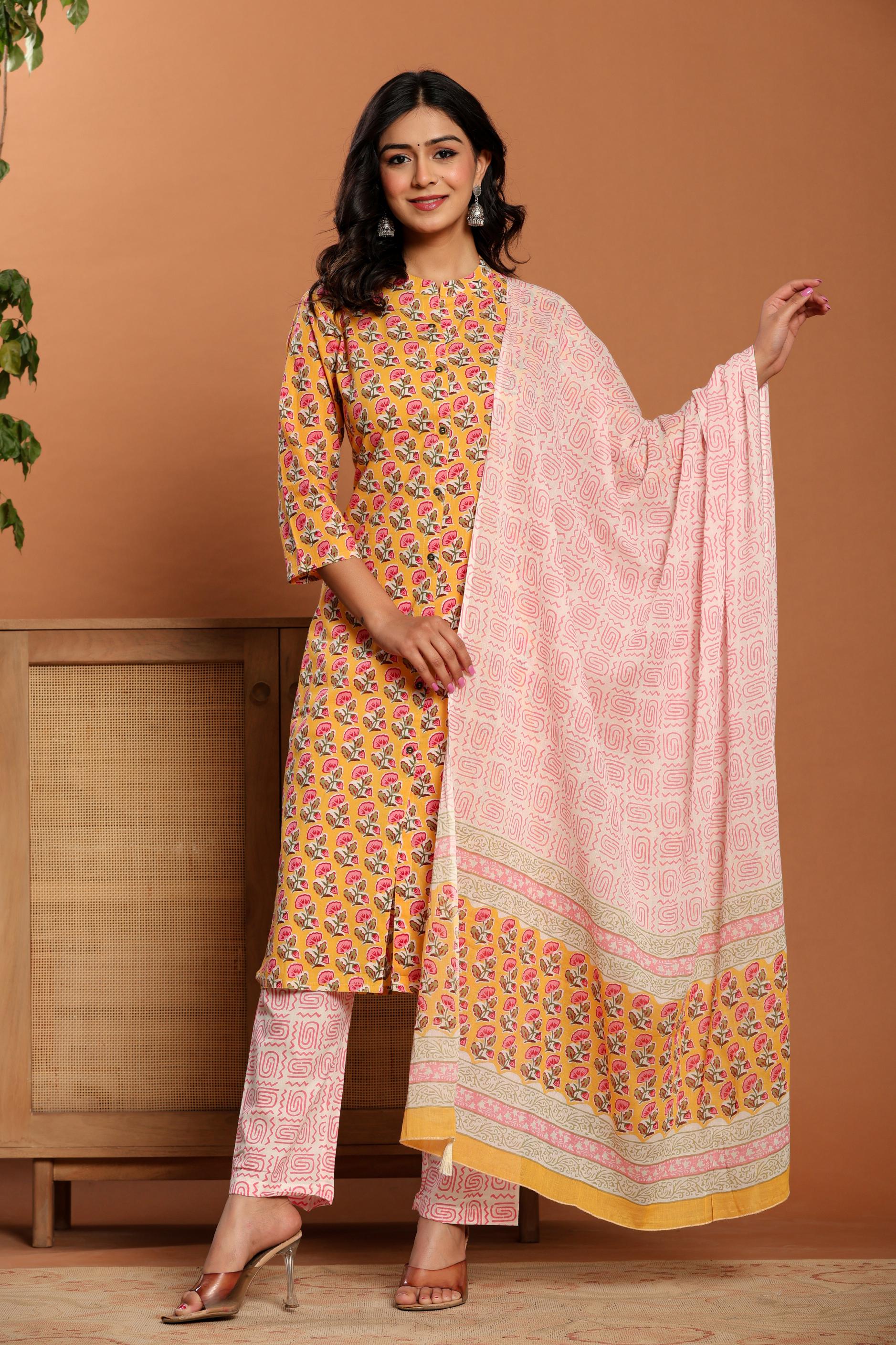 Yellow Printed Cotton Kurta Set - qivii