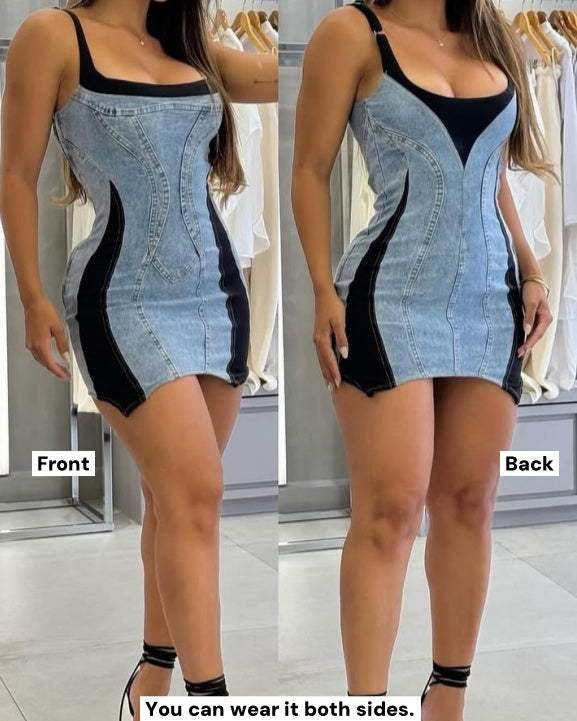 Contrast Color Suspenders Bodycon Mini Denim Dress - By Qivii