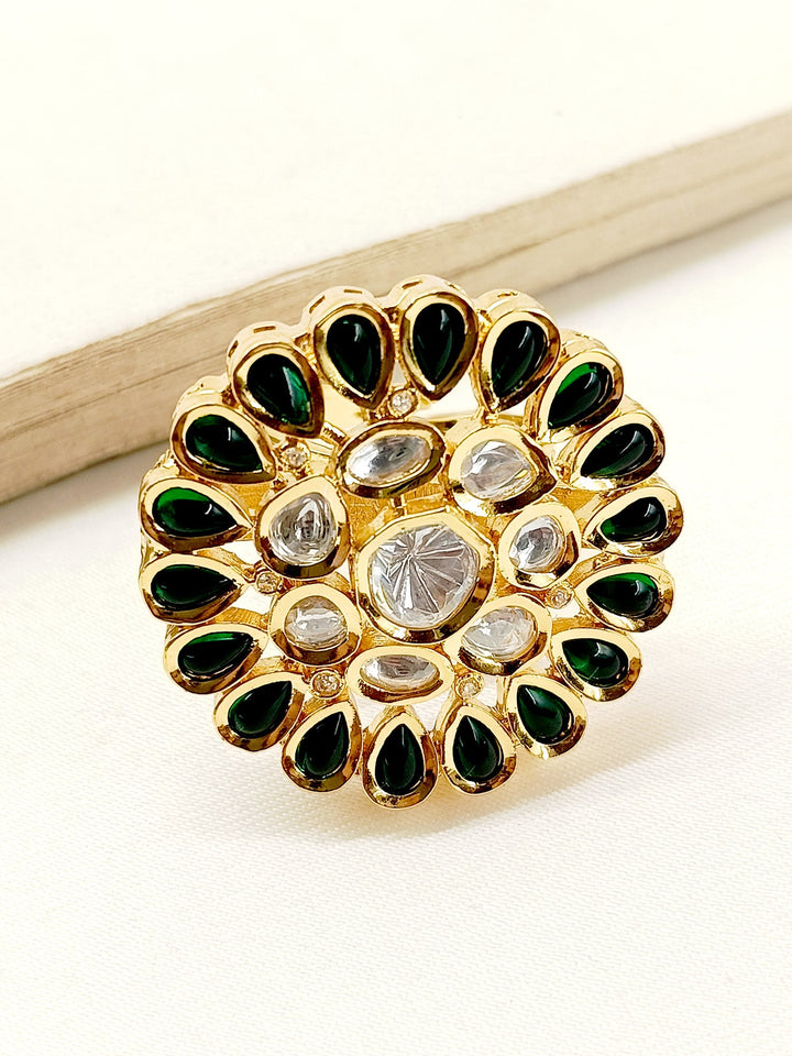 Exquisite Nima Green Kundan Finger Ring with intricate gold detailing and floral design