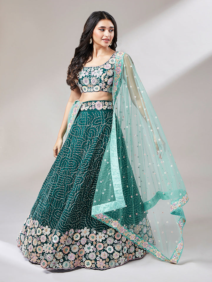 Teal Georgette Heavy Sequins Embroidery Stitched Lehenga choli