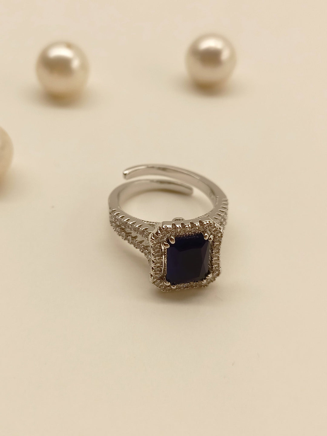  Elegant Bhavini Navy Blue American Diamond Finger Ring with Vintage-Inspired Design