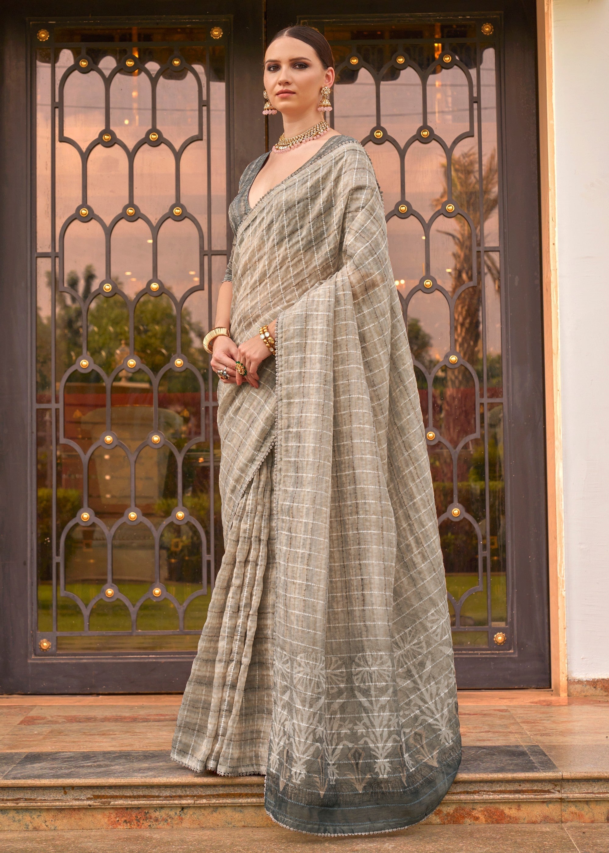 Grey Pure Tissue Silk Saree - qivii