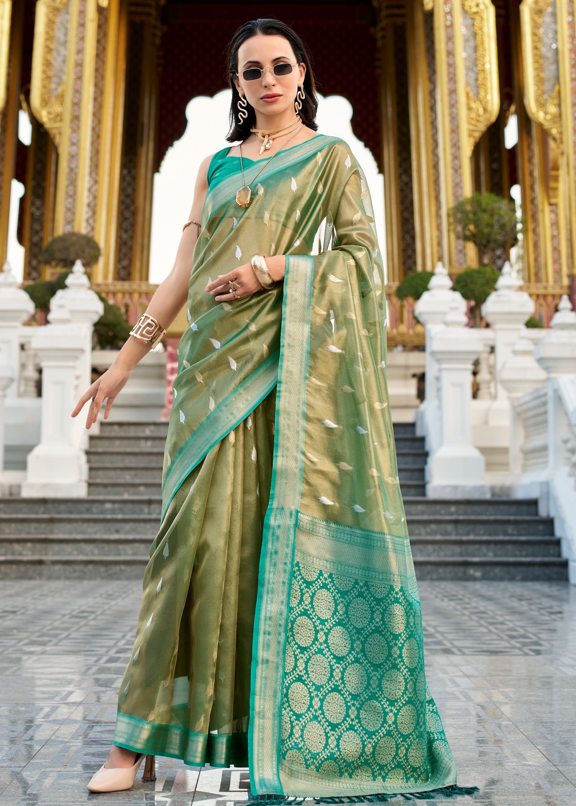 Shades of Green Tissue Silk Saree With Zari Weaving And Contrast Blouse - qivii