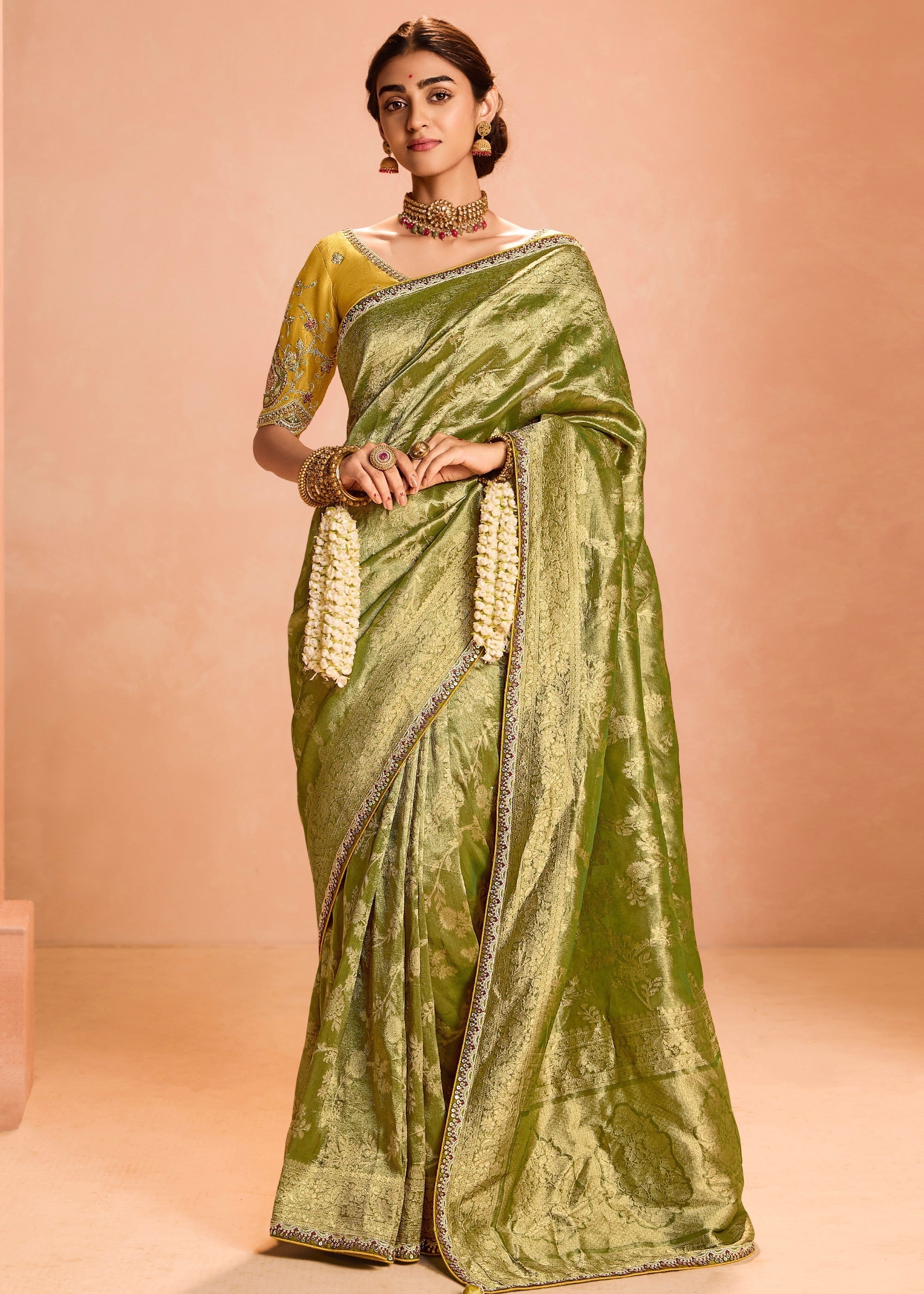 Lime Green Zari Tissue Silk Saree With Weaving Work And Heavy Embroidery Lace - qivii