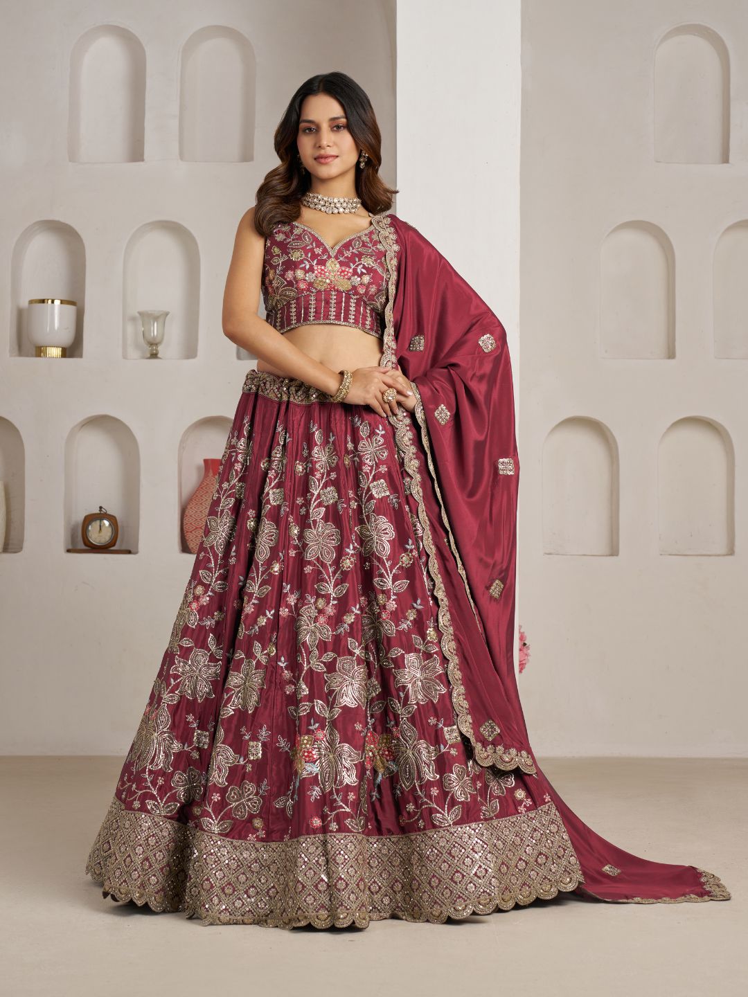 Stylish Maroon Lehenga Choli with Rich Golden Floral Craftsmanship