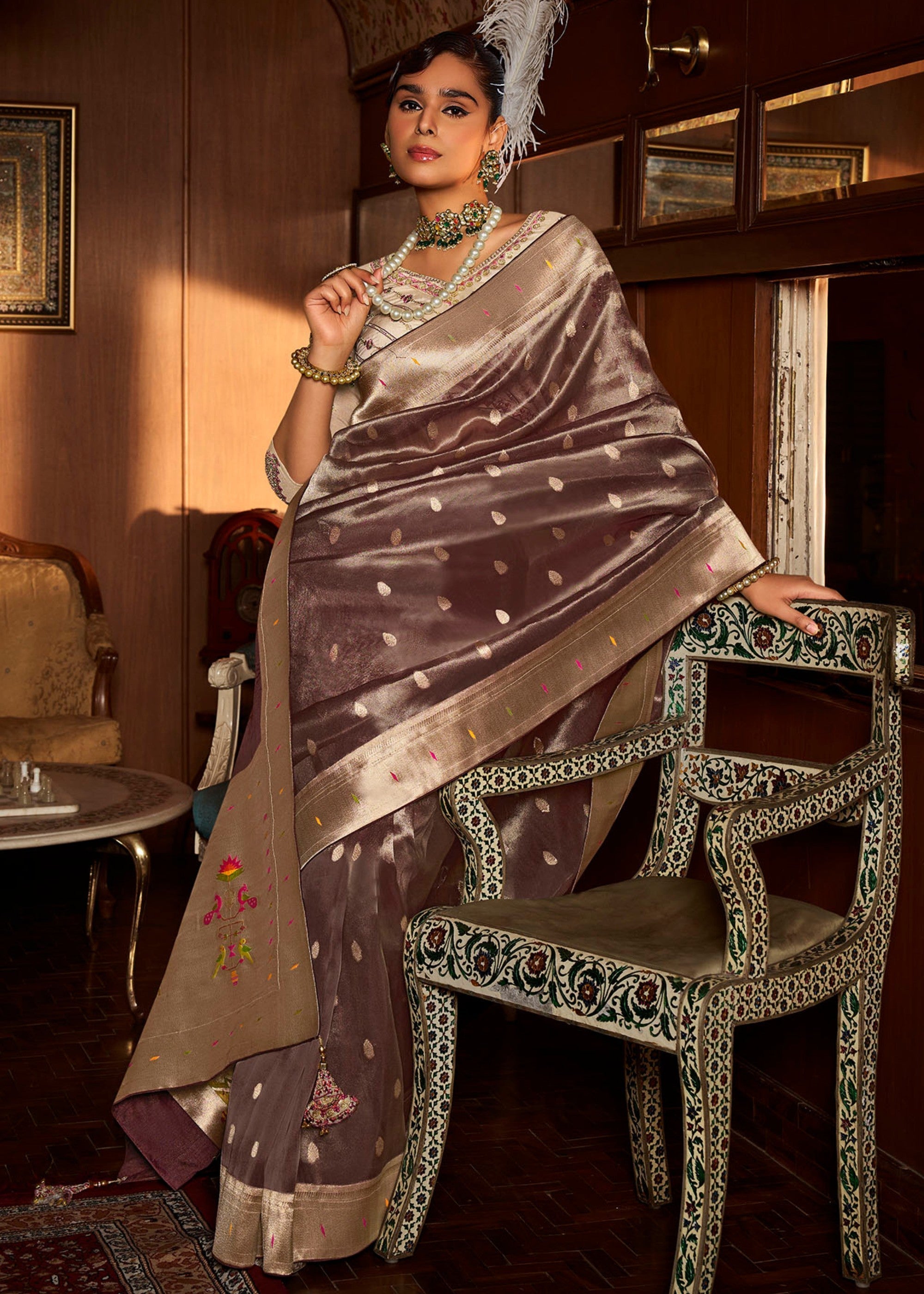 Pecan Brown Pure Tissue Paithani Silk Saree with Heavy Designer Embroidered Blouse - qivii