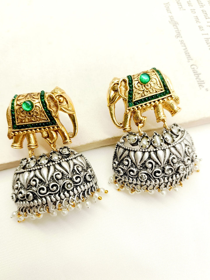 Baani Green Elephant Oxidized Earrings