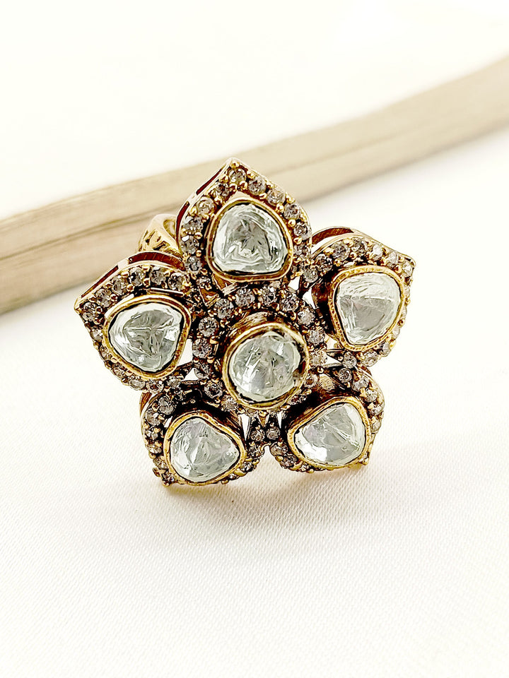 ###
Exquisite Nadiya White Kundan Finger Ring with intricate floral design and sparkling gemstones