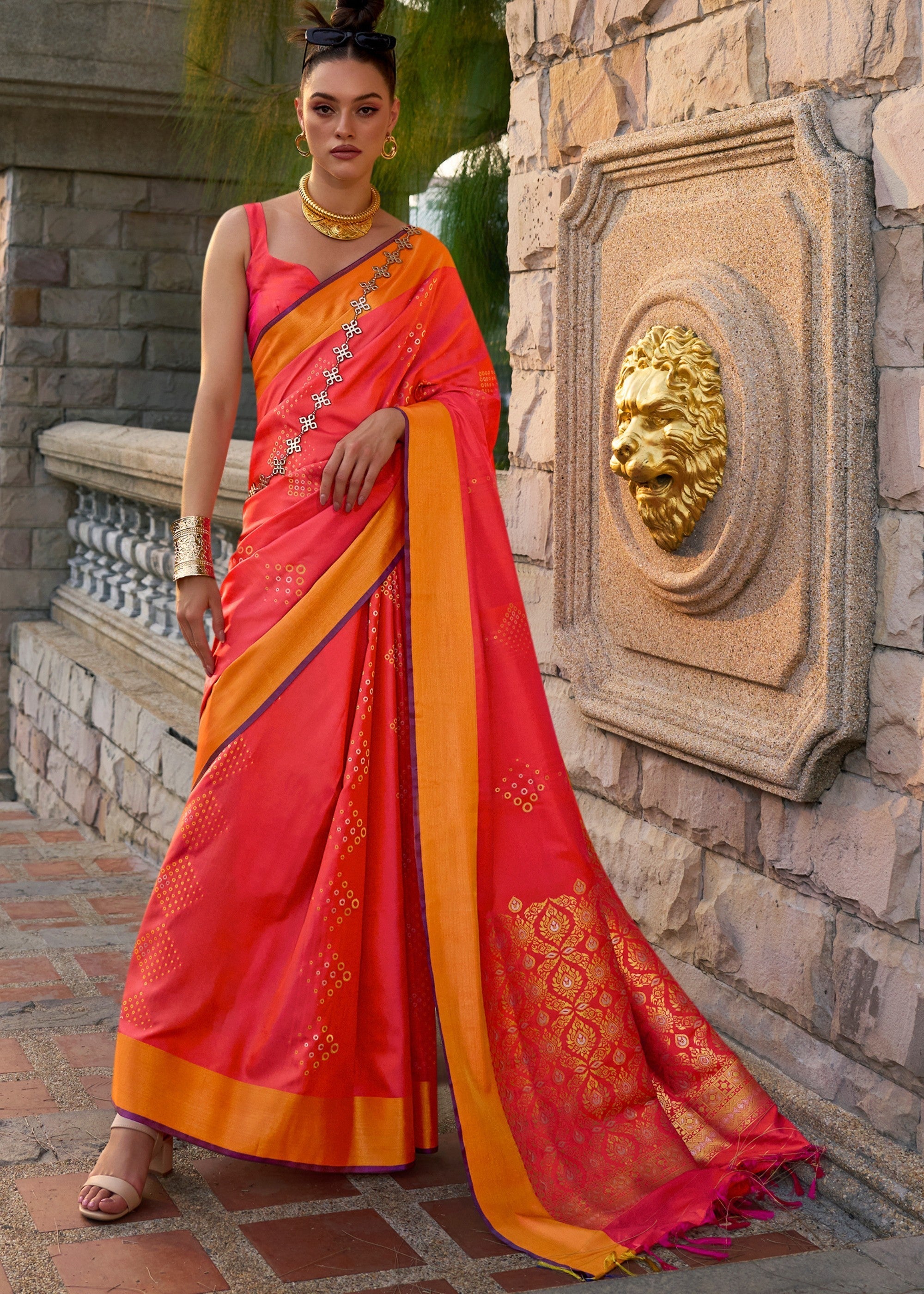 Orange Handloom Weaving Satin Silk Saree - qivii